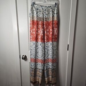Zara Indie Festival Cream Multi Silky Bohemian Straight Leg Dressy Pants Size S
